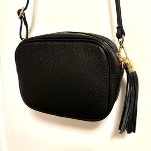Vera Pelle Black Pebbled Leather Crossbody Shoulder Bag Made in Italy